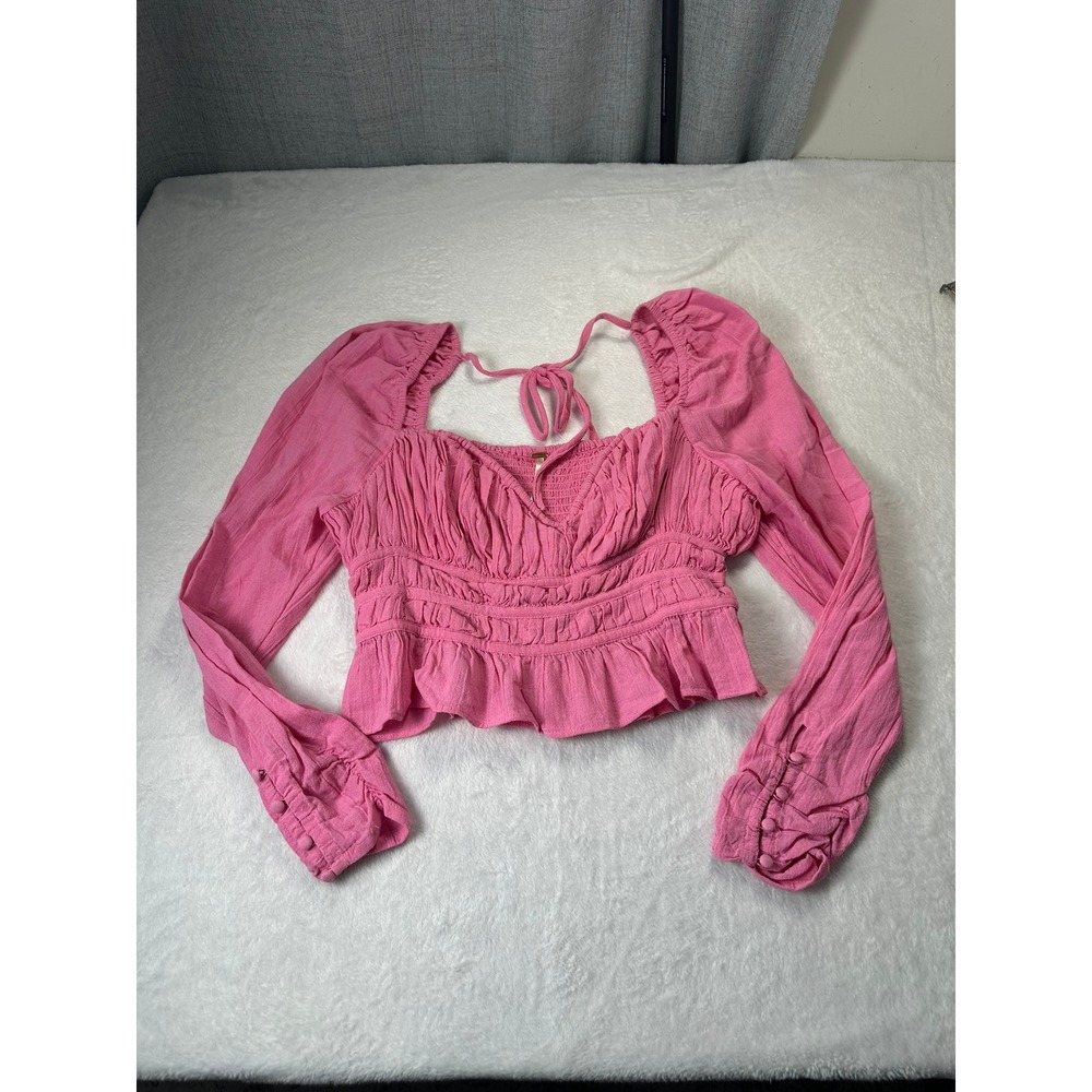 Free People Crop Top Womens Medium Pink Excellent Smocked Boho Puff Sleeve‎ 2889